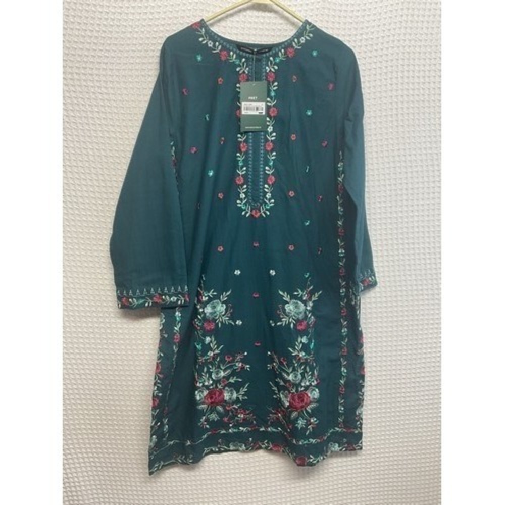 NWT Beech Tree Loose Fit Green Embroidered Floral Midi Dress Women 12/L Pakistan
